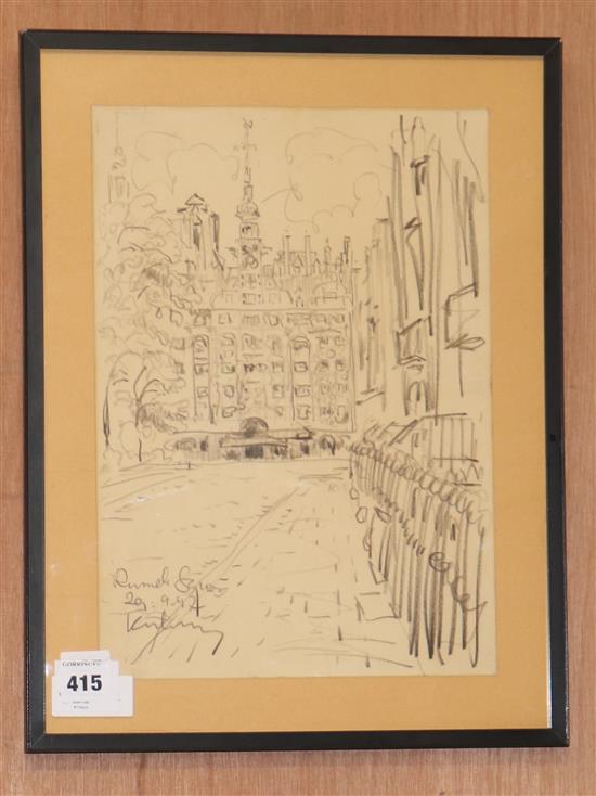 Jan Korwin Kochanowski (1897-1970), pencil drawing, view of the Imperial Hotel, Russell Square, London, 14 x 10in.